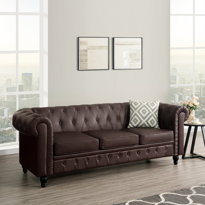 Bendjy Classic Leather Chesterfield Sofa – Button Tufted Couch with Arms for Living Room or Office, Espresso Air Leather