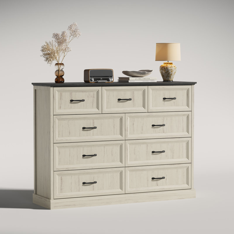 Hava 55.1"w Farmhouse 9 Drawer Dresser, Wood Chest Of Drawers With Anti-tip Design For Bedroom, White/Gray