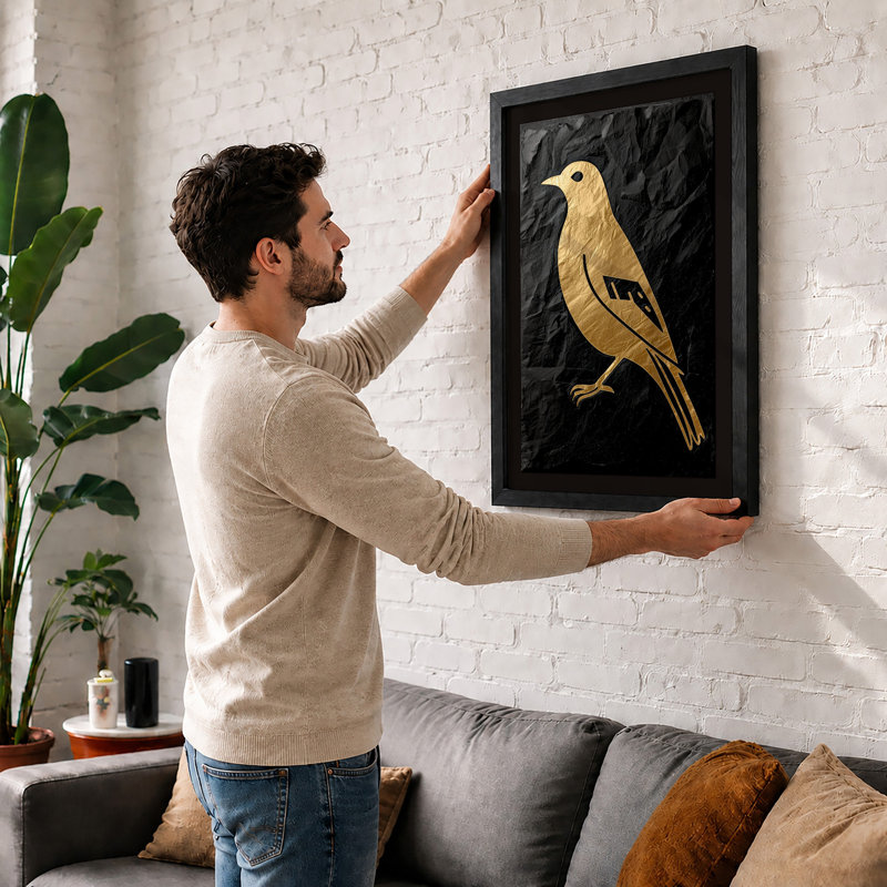 Golden Bird Profile Japandi - Framed Print, Black, A4 - 29.7 x 21.0 cm