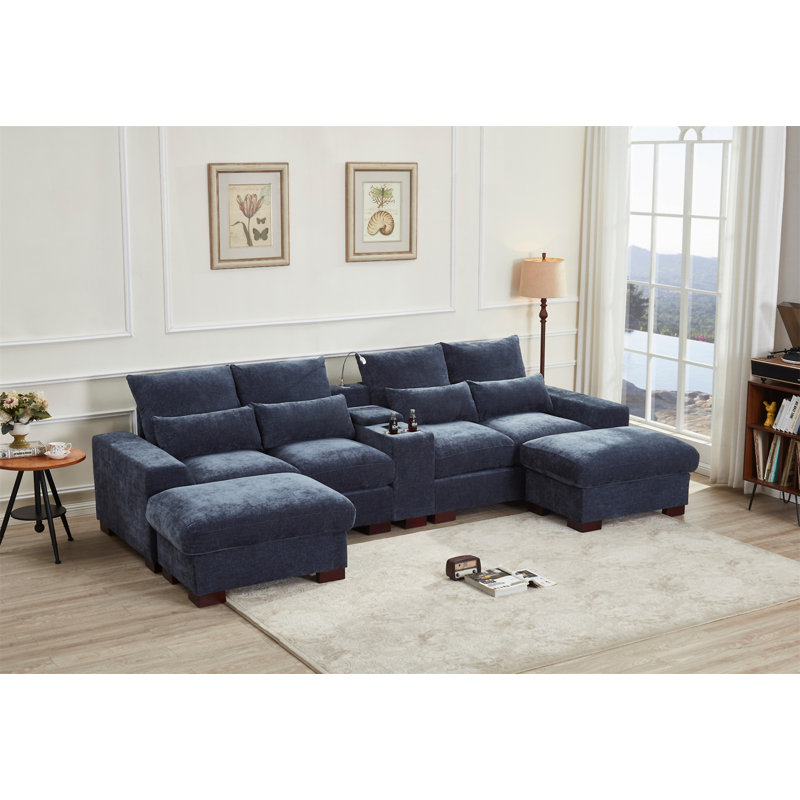 Modern Sectional Sofa Couch With Console, Dark Gray Fabric