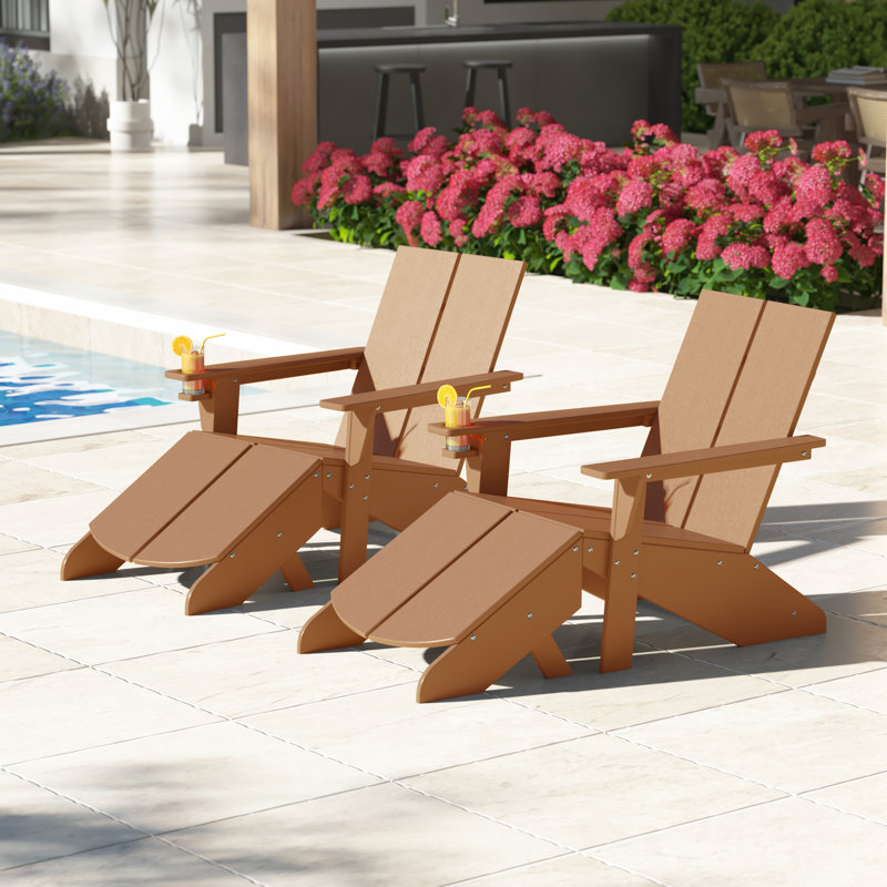Modern Poly Adirondack Chair With Ottoman (Set Of 2), Teak