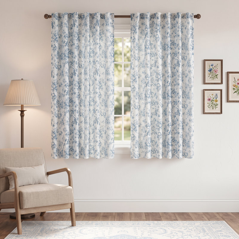 Linen Blend Farmhouse Floral Curtains Semi Sheer French Country Curtain Panels, 50" W x 63" L, Blue