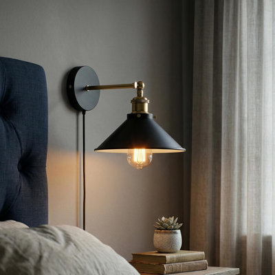Industrial Plug in Wall Light with Adjustable Head, Metal Cone Shade E26 Wall Lamp with On Off Switch for Bedroom Bedside Living Room Kitchen