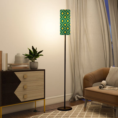 68.5" Standing Floor Lamp Geometric Yellow Stars Green Diamond Shapes Dimmable Metal Pole Lamp with Linen Lampshade LED Bulb Included