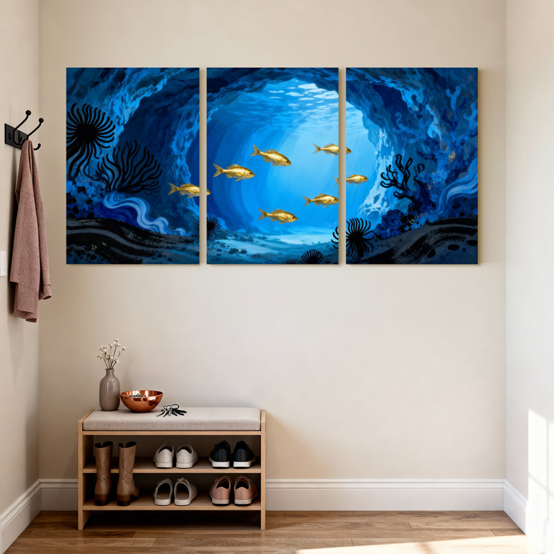 Scène sous-marine avec poisson doré et corail, ensemble de 3 impressions sur toile, H 18 po x l 36 po