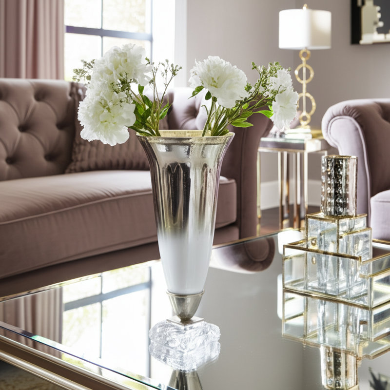 Decorative Glass Table Vase with Acrylic Base for Home Tabletop Decor - Tall Flower Vase Accent for Living Room Styling - Silver & Gold
