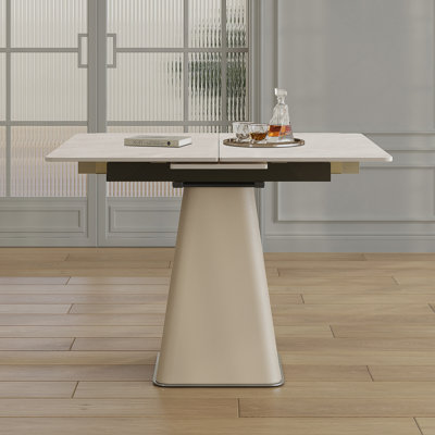 Retractable Rock Slab Folding Dining Table, Modern Square Expandable Table with Leather-Wrapped Stainless Steel Base, Dual-Purpose Space Saving Kitchen Table for Small Apartments