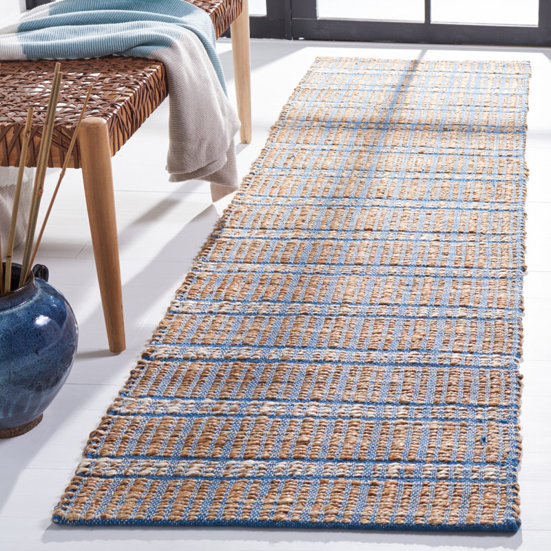 Oullins Natural Fiber Flat Weave Jute/Cotton Striped Rug in Blue/Natural, Runner 2'3" x 8'