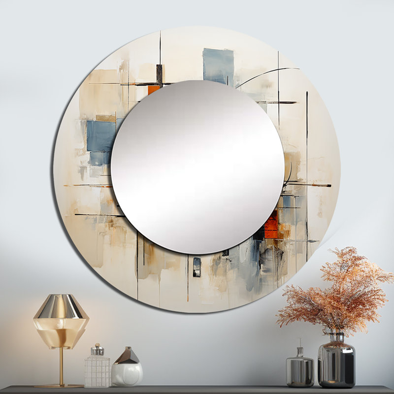 «Colorful Mid Century Abstract Elegance I», miroir décoratif moderne de style Mid-Century, miroir mural rond de style Mid-Century, impression d'art en métal