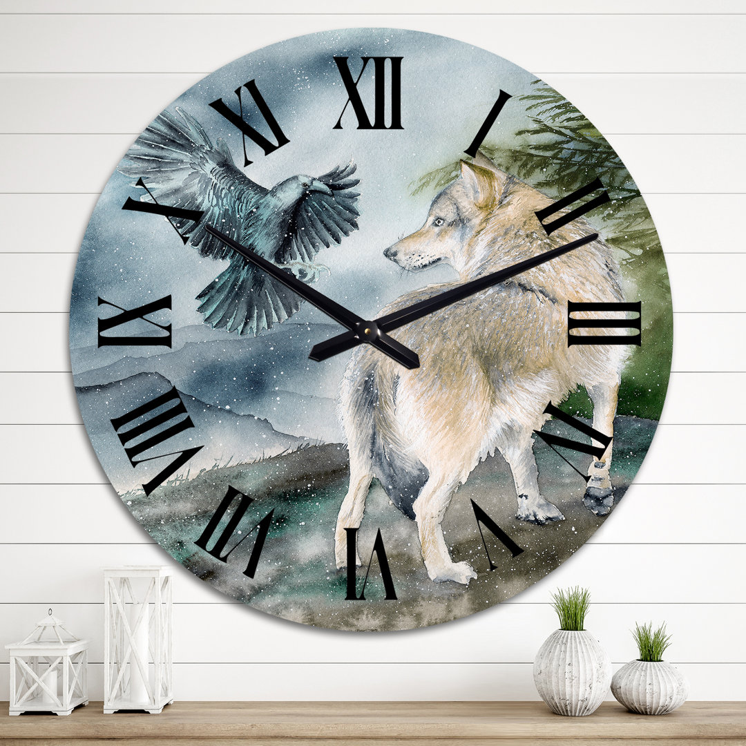 Wolf and A Raven on A Hill Under Falling Snow - Traditional Wall Clock East Urban Home