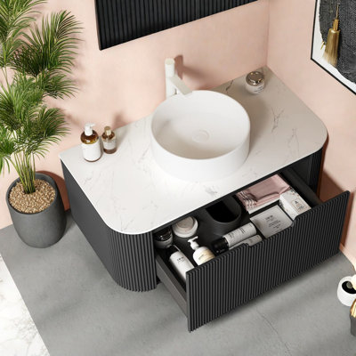 Élégant meuble-lavabo flottant avec lavabo avec rangement, lavabo en céramique blanche, pierre frittée durable
