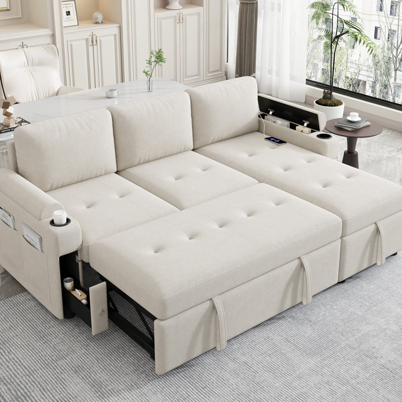 Sleeper Sectional In Dark Gray With Storage Chaise, Cup Holder & Height 35.24 Fabric Charging Ports Seat Cushions