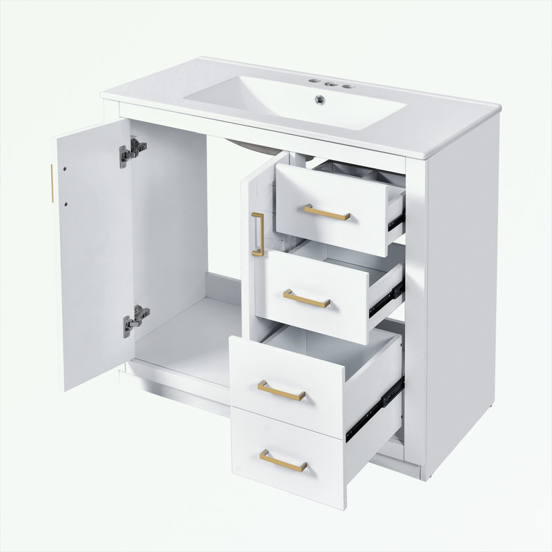 Bathroom Vanity with Sink, 3 Drawers, 2 Doors and metal handles, White