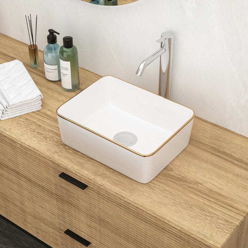 Lavabo de salle de bain rectangulaire en céramique 16 po x 12 po blanc - style moderne, teinté, comptoir moderne, teinté, installation