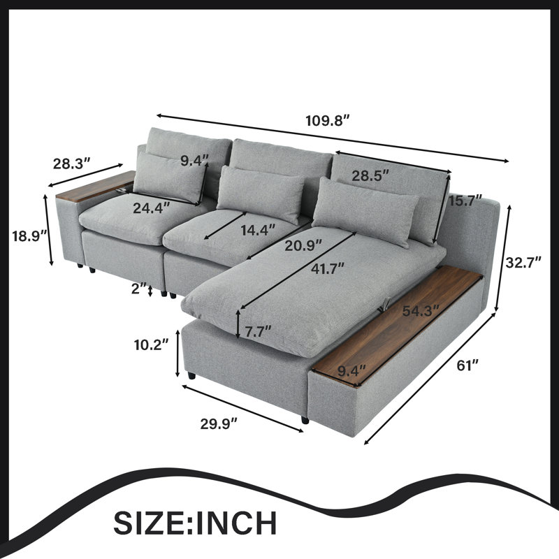 L-shaped Modular Sectional Sofa with Removable Back Cushions, Grey