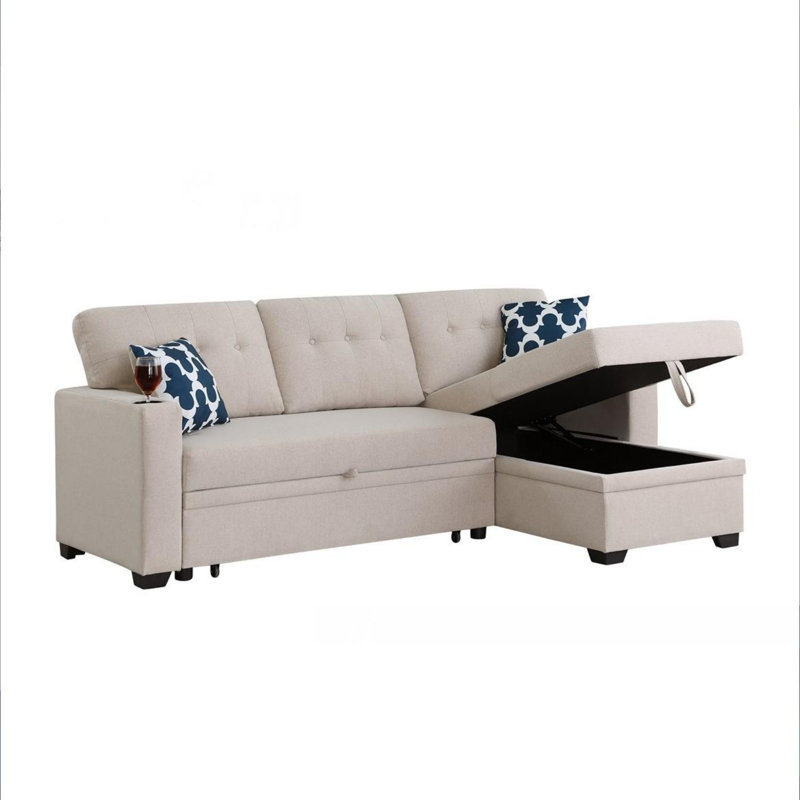 82" Width Sectional with storage chaise and cupholder armrest, Beige Linen
