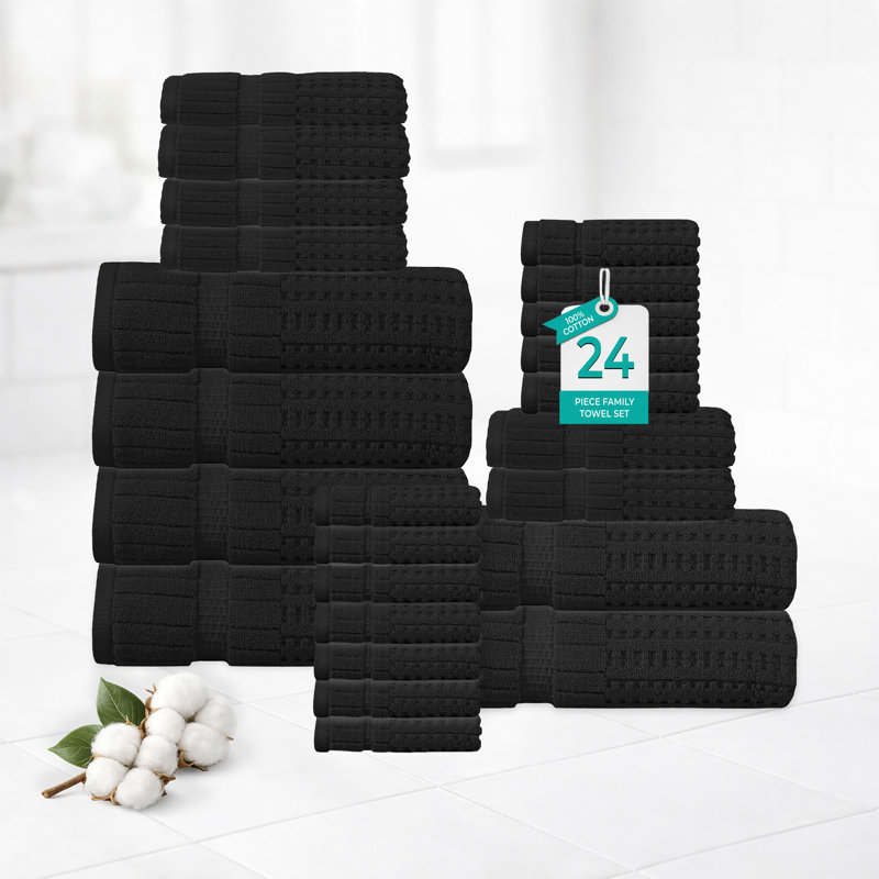 Willow 24 Pieces Towel Set – 100% Combed Cotton, Premium Quality 630 GSM, Black, Ultra-Soft & Highly Absorbent (6 Bath, 6 Hand, 12 Wash Towels set)