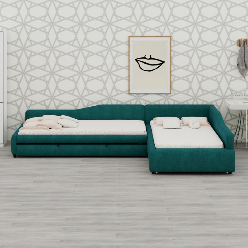 Upholstered Double Daybed With Trundle And Drawer, Green