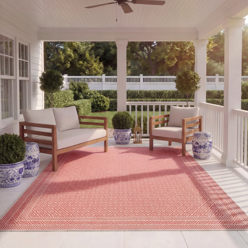 Tapis intérieur / extérieur beige / rouge à motif géométrique Arneshia, Rectangle 8 pi x 11 pi