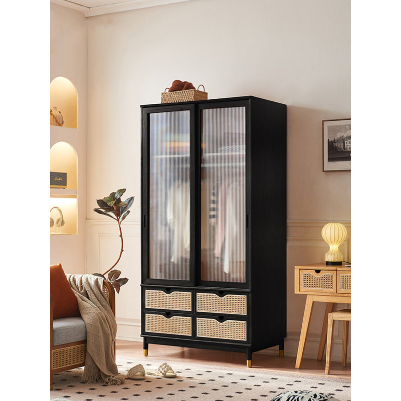 Wabi - sab Style Solid Wood Rattan - Woven Glass Wardrobe, Matte Black
