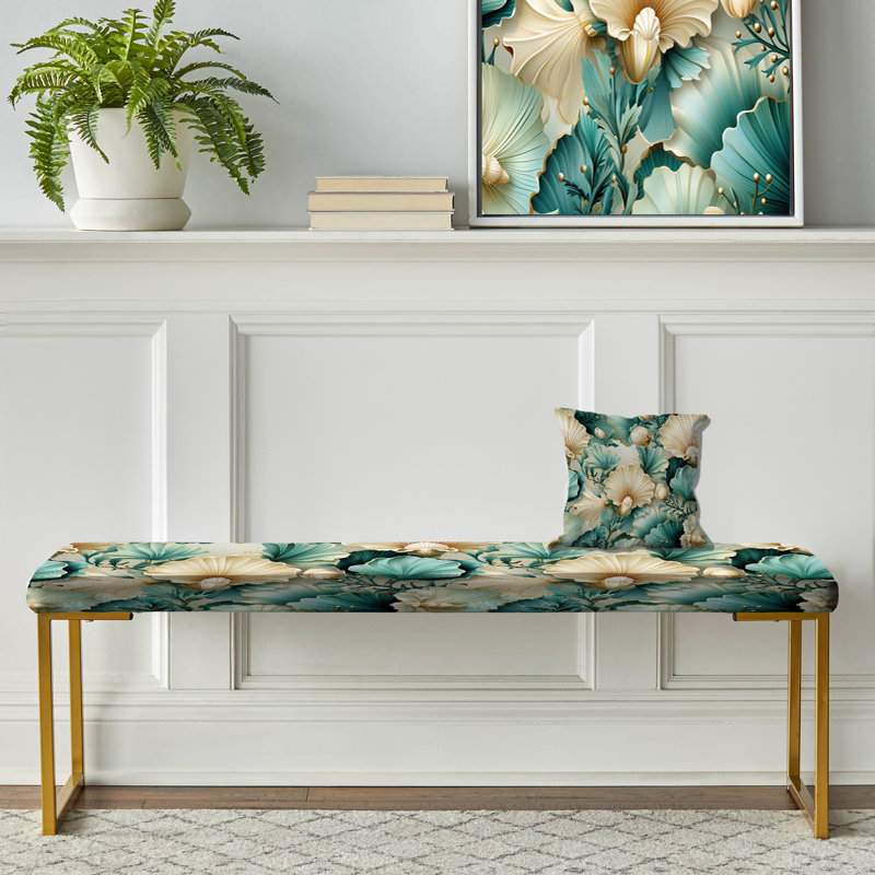 Banc floral rembourré or, Coquillages de mer blancs et sarcelle