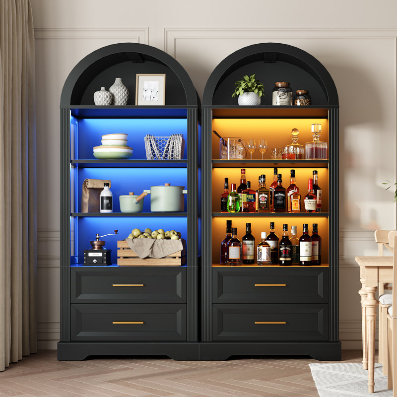 Bibliothèque arquée avec lumières, vitrine en verre avec 2 tiroirs