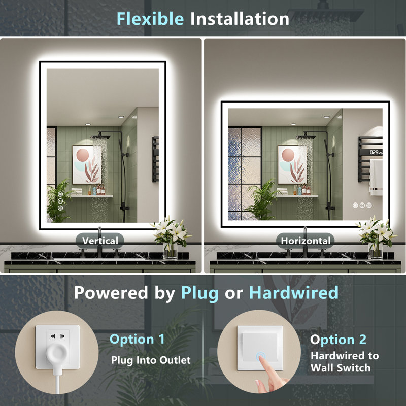 Matte Black Matel Framed Vanity Mirror with Lights, Front-lit and Back-lit, Memory Function, 3 Color Temperatures, Dimmable Light & Anti-fog Tempered Glass ETL Listed LED Mirror