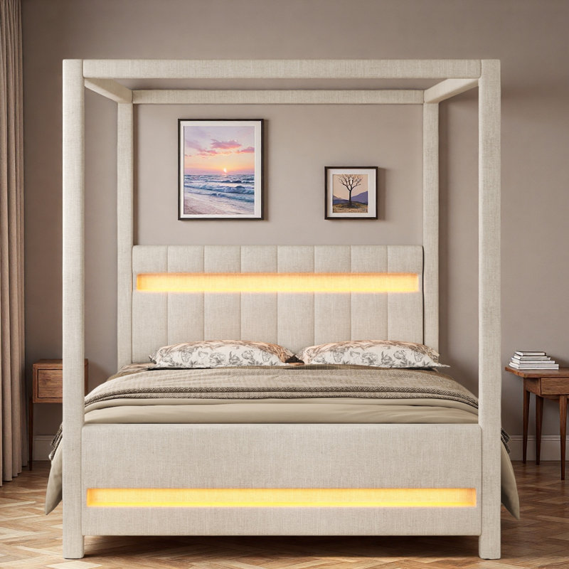 Lit plateforme à baldaquin avec tête de lit tapissier et lumières DEL