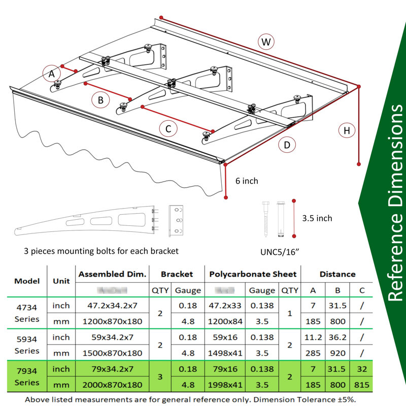 Auvent de porte de 79 po x 34 po - Polycarbonate de 0,137 po d'épaisseur - Supports en alliage d'aluminium antirouille - Convient aux maisons en béton - Couleur : brun/gris - Toiture robuste