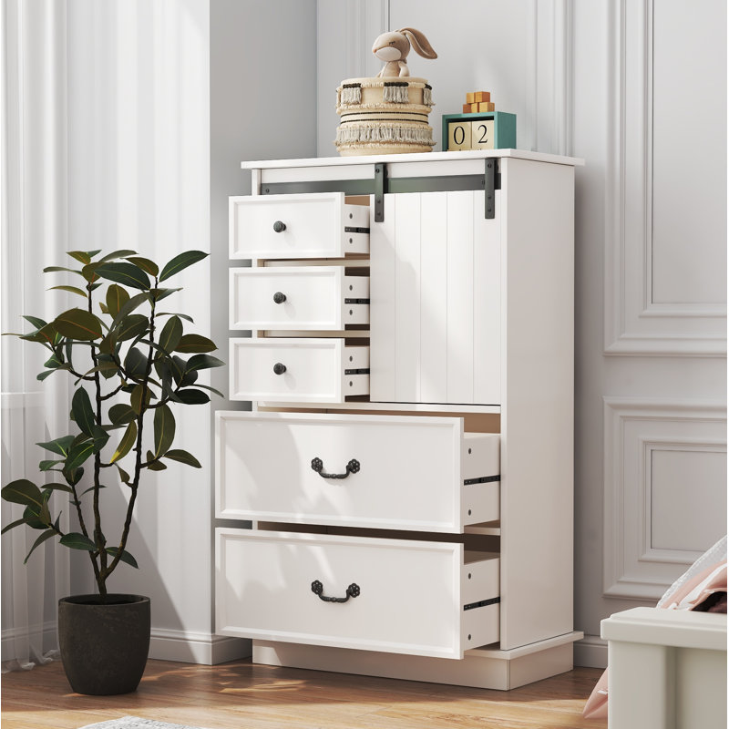 Commode décorative de ferme avec porte coulissante, 5 tiroirs et tablette réglable, blanc