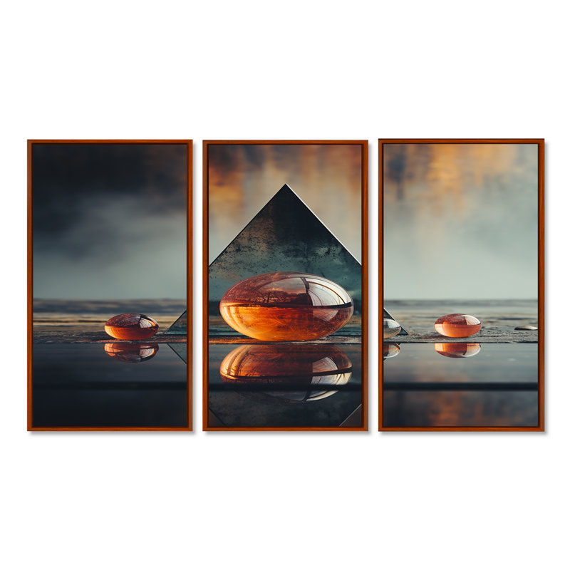 «Minimalist Triangle Essence II - Spiritual Stone», ensemble de reproduction d'art mural, Cadre flottant brun