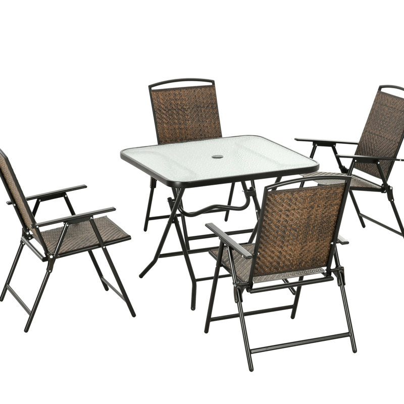 Table de salle à manger et chaises brun foncé, pliable et pliable compatible avec parasol, 5 trous, table en verre trempé