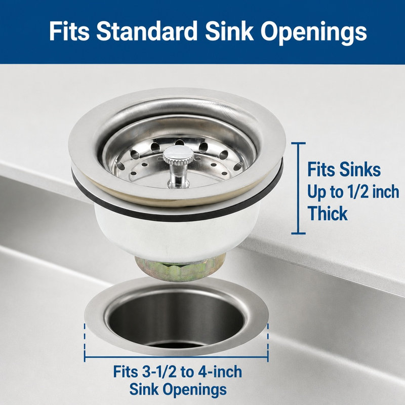 Kitchen Sink Basket Strainer Drain Assembly 3-1/2" to 4" with Putty Stainless Steel Deep Thread