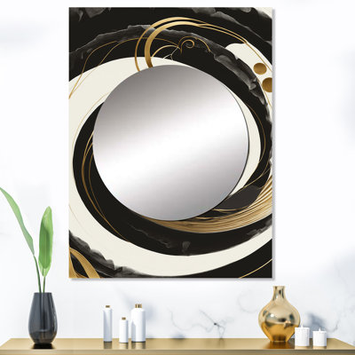 Rhylea noir, argent et or mélangeant des tourbillons II - spirales abstraites, miroir mural noir