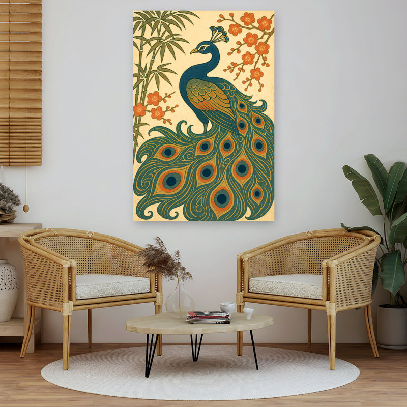«Elegant Peacock Plum Blossoms Elegant Vibrant Contemporary Bamboo Bird Cherry Flower Nature», art mural, H 60 po x l 40 po