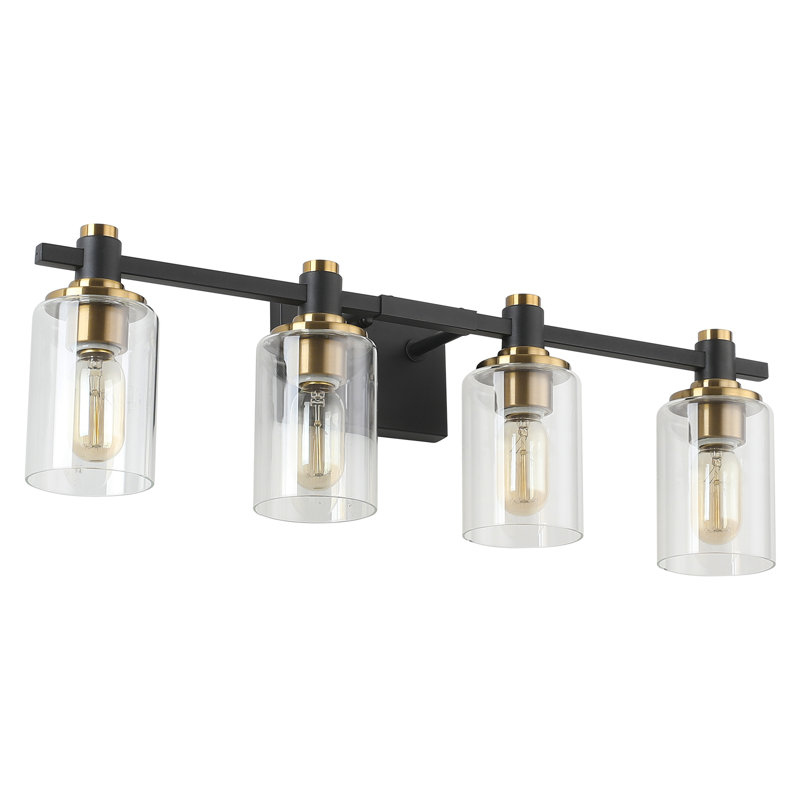 Éclairage pour meuble-lavabo avec abat-jour en verre transparent, Quatre lumières, Noir et or
