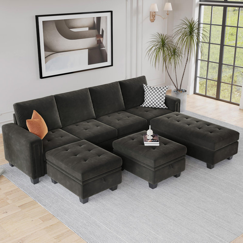 Shavera Velvet Reversible Sectional Sofa Bed Convertible Modular Sleeper Couch With Storage Ottoman, Gray