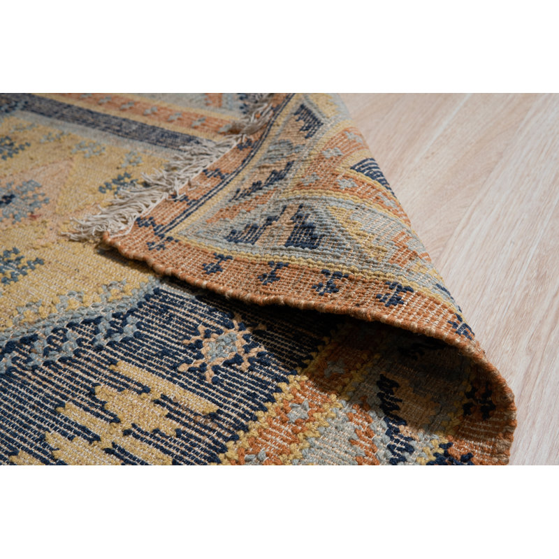 Tapis bleu contemporain en laine noué à la main Craigatempin, Rectangle 9 pi x 12 pi