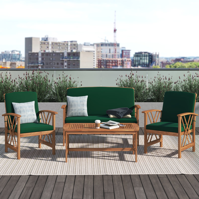 Ensemble de conversation de terrasse en bois massif pour 4 personnes Calhoun, Structure naturelle / coussin vert