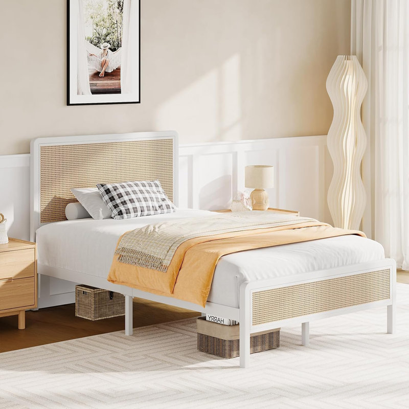 Metal Bed Frame with Rattan Headboard, Twin, White