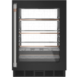 Matte black beverage refrigerator with a glass door and metallic copper handle