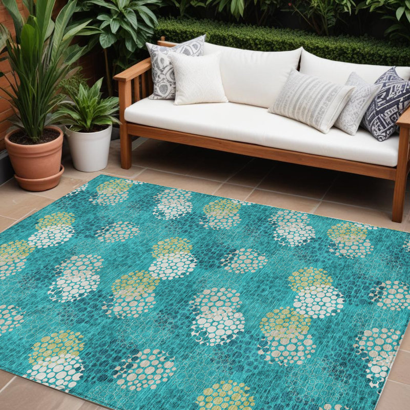 Tapis intérieur / extérieur lavable à pois gris émeraude 8 pi x 10 pi