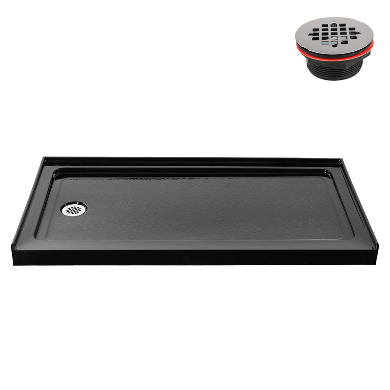 Base de douche 60 po x 32 po Alcove en acrylique noir brillant avec drain à gauche, drain inclus, Noir lustré