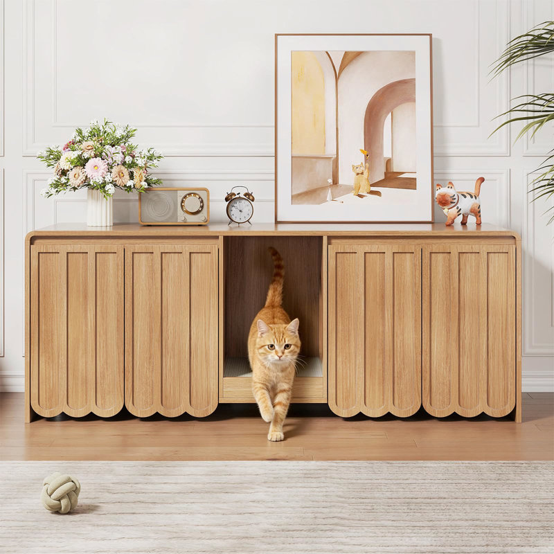 Enceinte de litière pour 2 chats, litière cachée de 57,9 po avec bloc-notes, litière cannelée moderne pour chat avec chambres doubles