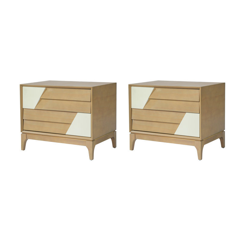 Lioressa Modern Japandi 2-Drawer Angled Patchwork  Nightstand with Two-Tone Geometric Design, Solid Tapered Legs for Bedroom & Living Room