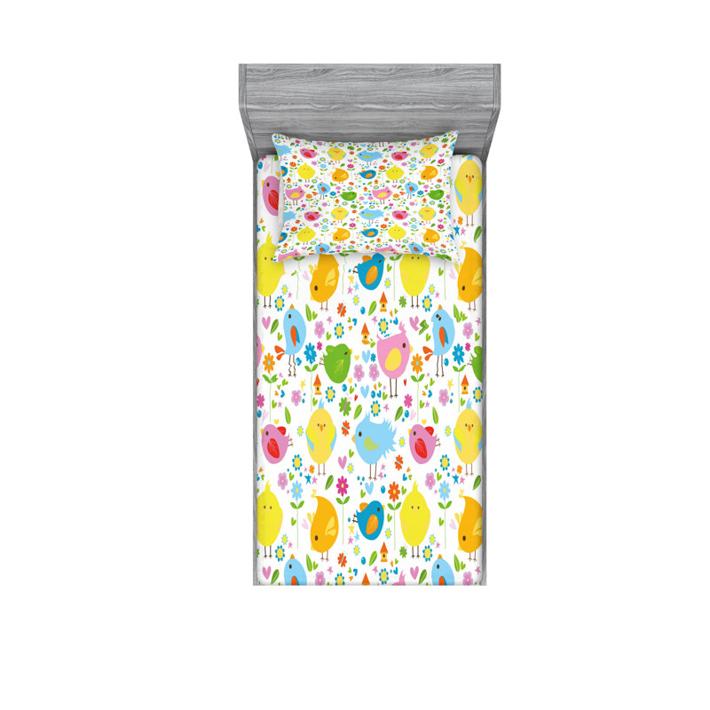 Ensemble de draps Spring Birds with Flowers, Ensemble de draps pour lit simple avec drap-housse