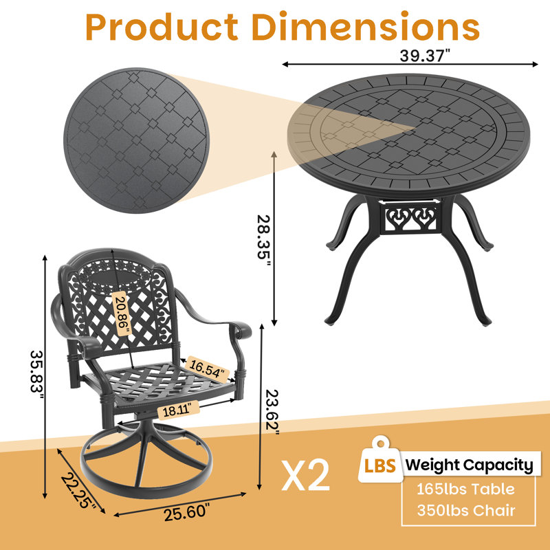 Outdoor Cast Aluminum Patio Set – Swivel Dining Chairs with Cushions & Round Table, 2