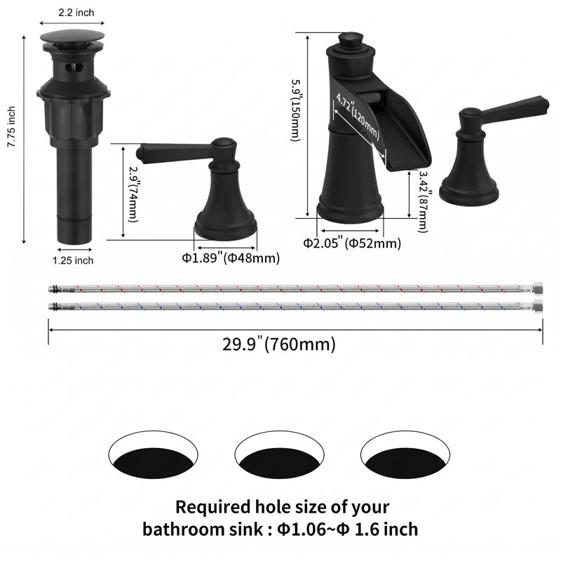 Robinet de lavabo de salle de bain à deux poignées avec drain, Noir mat