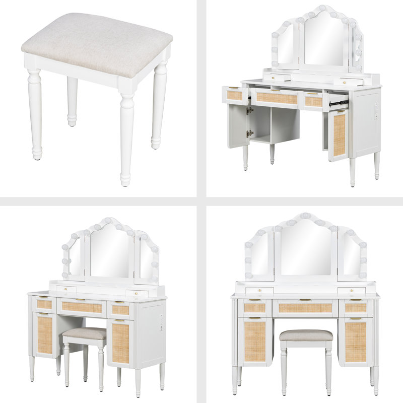 44.37 " Makeup Vanity Desk With 13 Hollywood Bulbs And 3 Lighting Modes, Dressing Table With Tri-Fold Mirror Large Vanity Table With 5 Drawers And Shelves And Charging Station For Bedroom