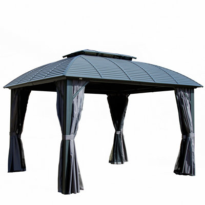 Pavillon de jardin extérieur 10 X 12, pavillon de jardin à toit rigide permanent avec structure en aluminium, double toit en acier galvanisé, rideaux et filet